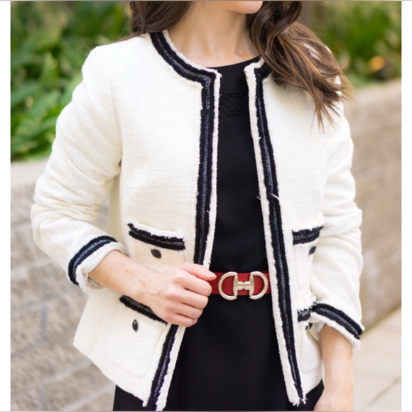 TALBOTS ivory white & black tweed blazer fringe preppy office staple EUC sz 10 - Picture 1 of 16